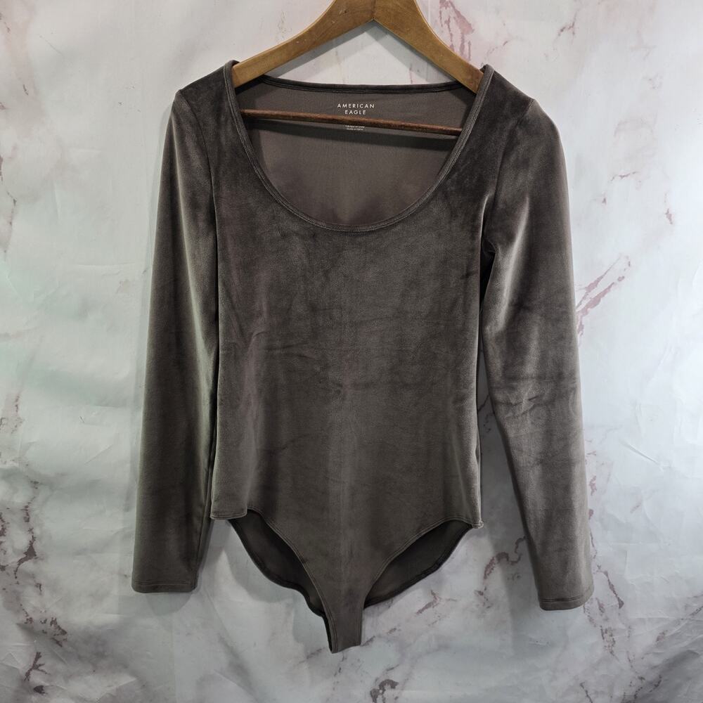American Eagle Bodysuit Women Medium Brown Bikini Velvet Velour Long Sleeve